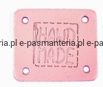 etykieta skórzana "hand made" 13 różowy  32x38mm w2