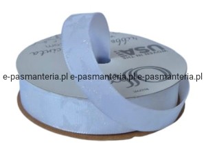 biała wstążka atłasowa z nadrukiem 15mmx2,7m z drutem 